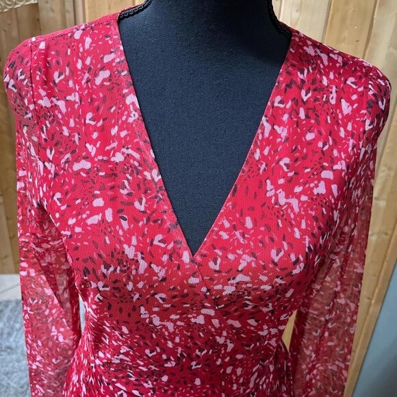 BCBGeneration red print wrap around dress. Shin length. Size 6 sheer sleeves. - Picture 2 of 7